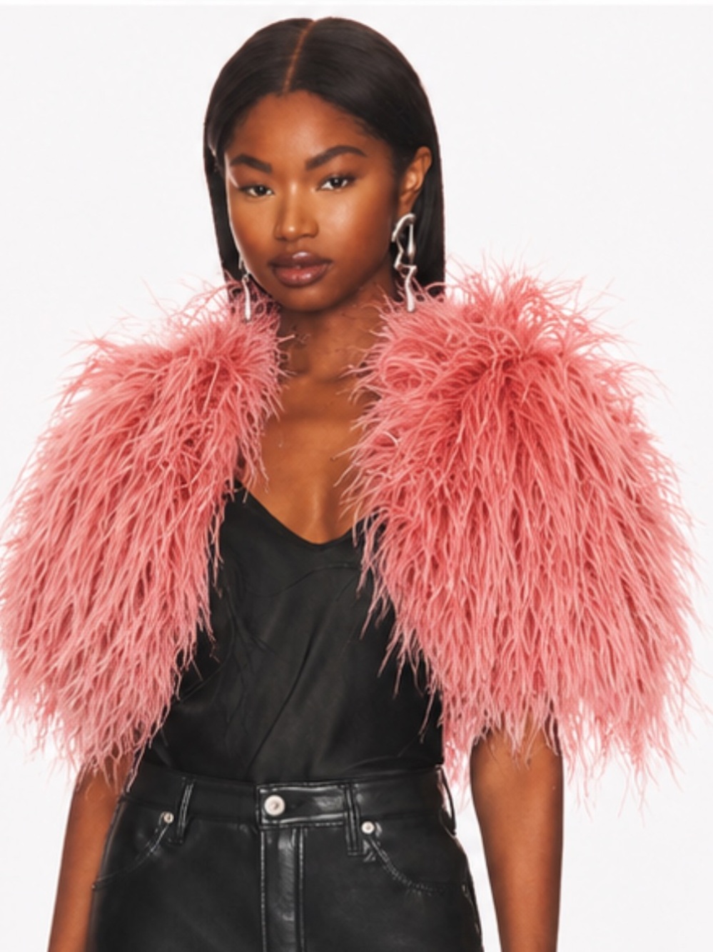Adrienne Landau Ostrich Feather Coral Pink Button Front Capelet Cover Up Jacket - Picture 4 of 10